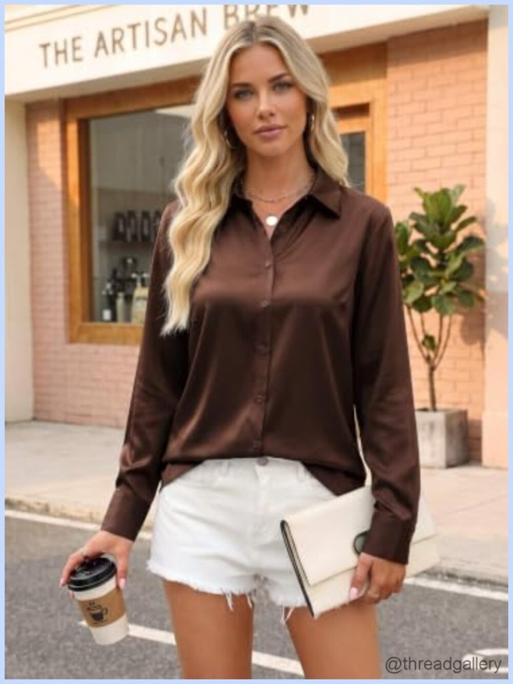 Silky Satin Button Down Collared Blouse Pleated Back Roll-Up Cuff - Picture 2 of 6